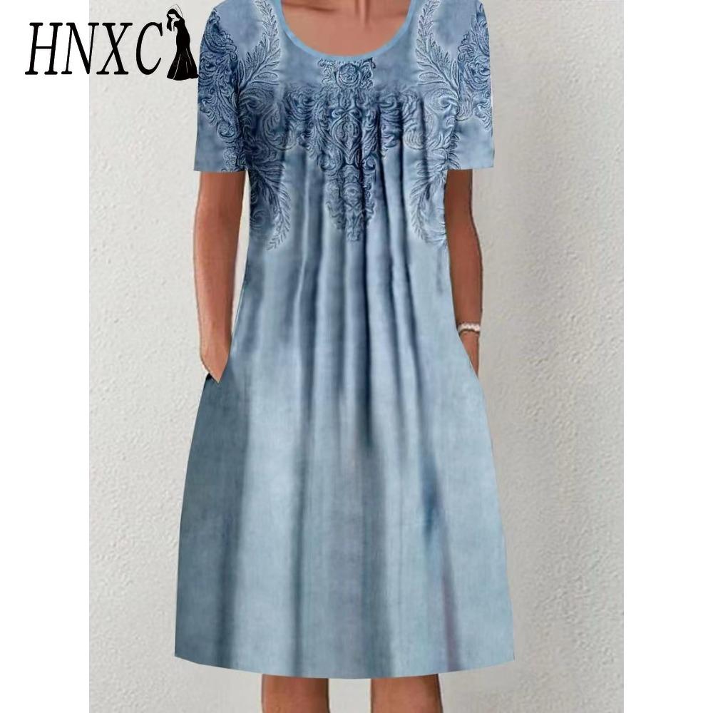 HNXC 30 Color Pleated Midi Dress Short Sleeve Round Neck Loose Hem Mid-Calf Length Women Floral A-Line Party Dress Casual Wear