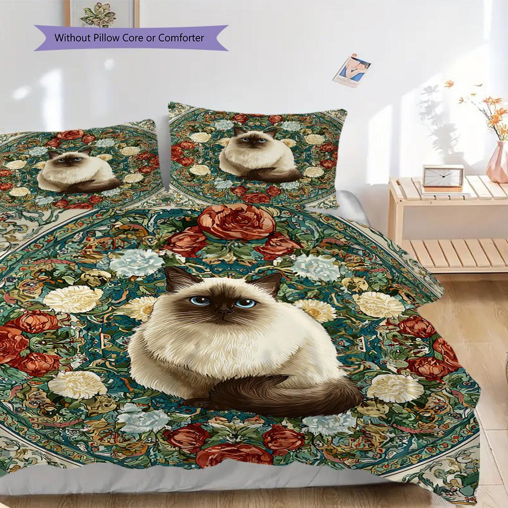 Weißes Katzenmuster Bettwäsche Steppdecke Set Deckenbezug Kissenbezug Heimdekoration Geburtstagsgeschenk (1 Bettbezug + 2 Kissenbezüge, ohne Füllung)