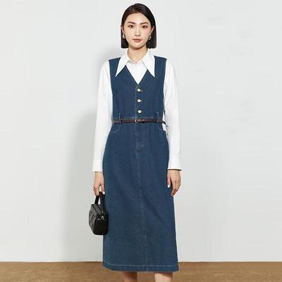 Women's Retro High-Waist Sleeveless Denim Midi Dress with Slit
