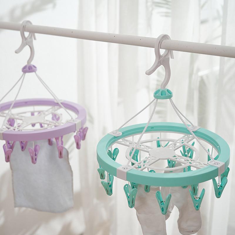 Durable Plastic Circular Hanging Drying Rack With 20 Clips For Socks Underwear Dorm Use