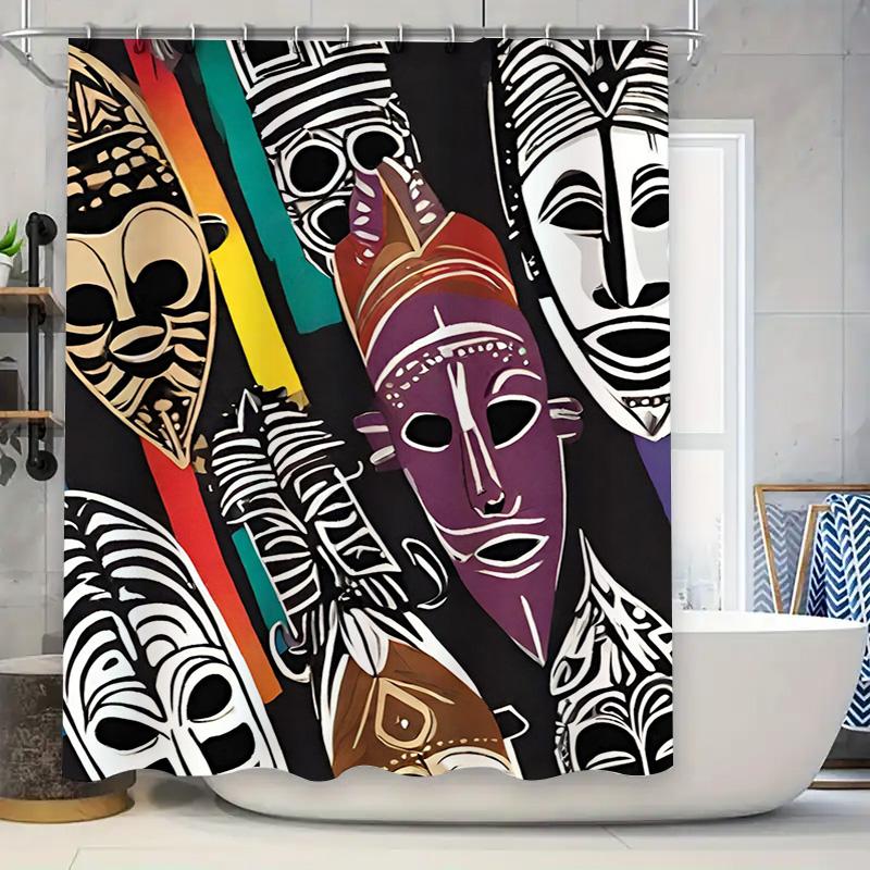 Abstract African Mask Design Shower Curtain Black Bathroom Decor Unique Pattern Art Print for Home Bath Accessories