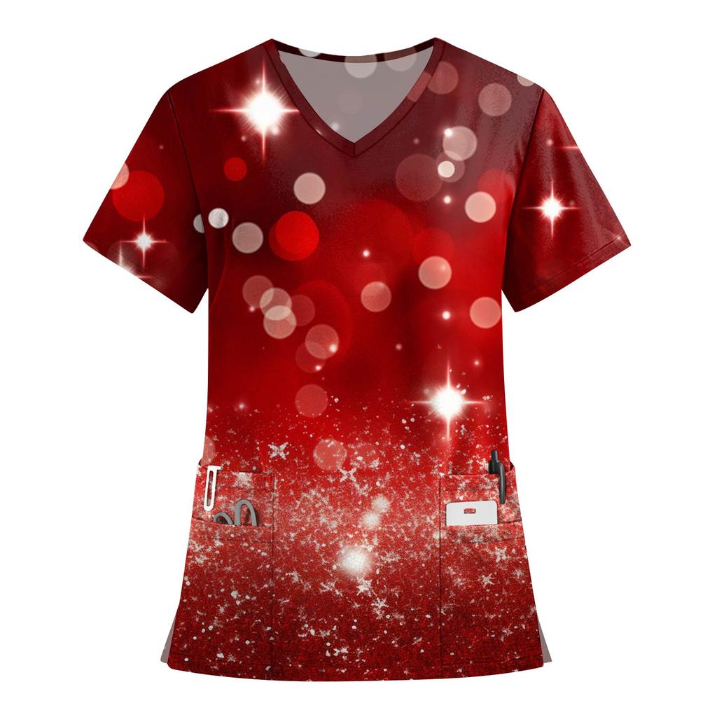 Women's Fashion Printed Short Sleeve V Neck Pattern Tops Pocket Working T-shirts