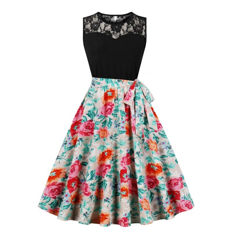 Summer New Retro Dress Lace Crew Neck Sleeveless Stitch Print Pendulum Dress