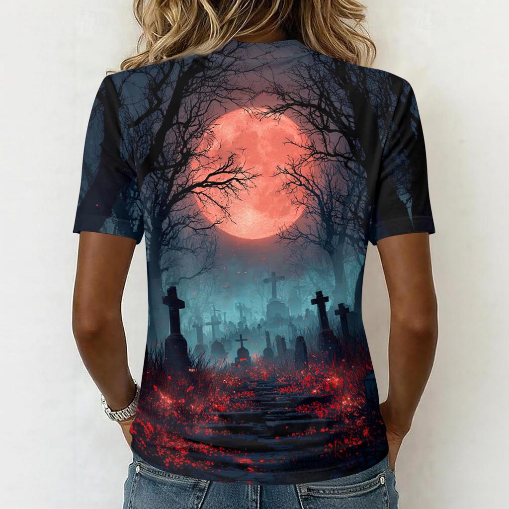 Womens Casual Short Sleeve V Neck Pullover Top Halloween Graveyard Print Lightweight Soft Fabric Tee Shirt