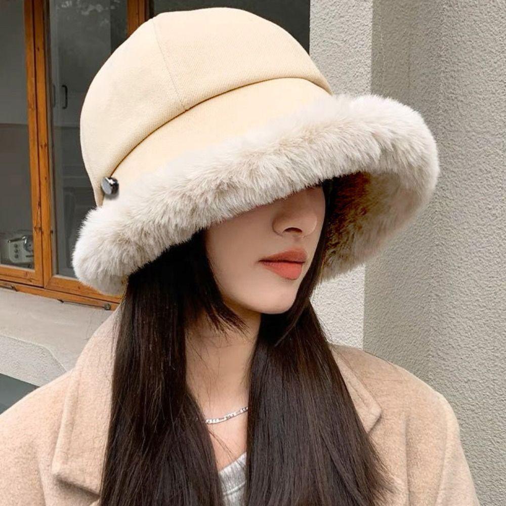 Soft Velvet Panama Hat Windproof Warm Cap Fashion Fluffy Fur Bucket Hat  Riding