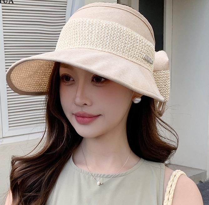 

Summer Hats For Women Sun Hat With Bow Empty Top Breathable Sunscreen Foldable Sunhat Beach Accessories Outdoor Casual Sunshade 56-58cm бежевий