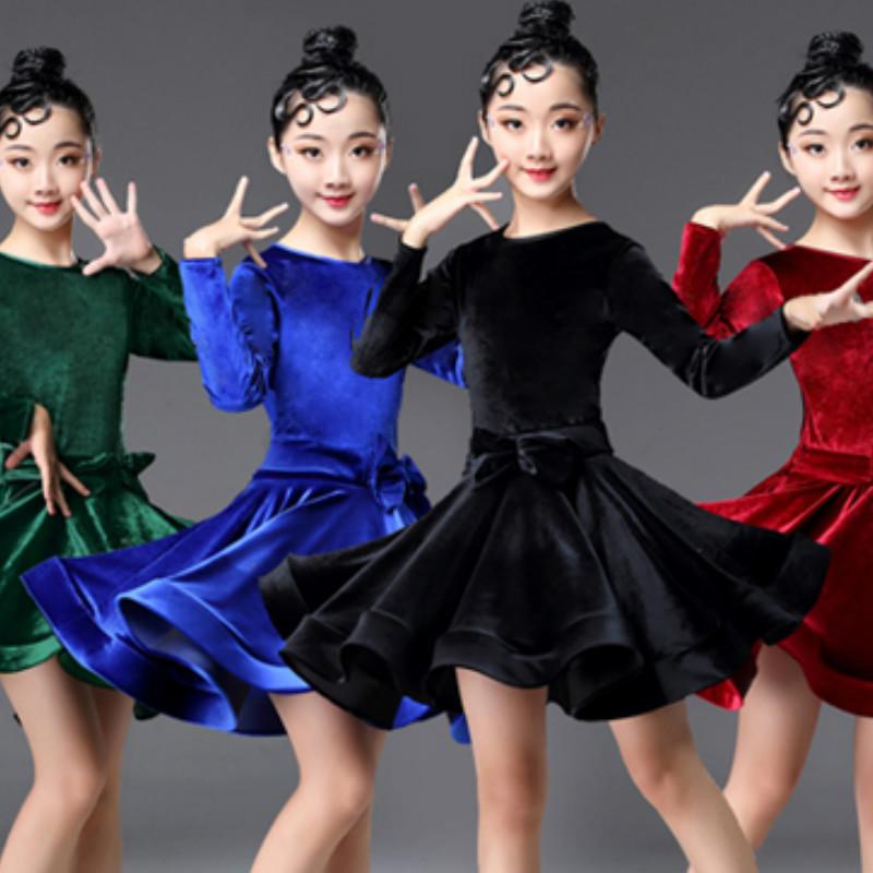 Latin Dance Dress Latin Dress Costume Kids Ballroom Costume for Girls Pleated Skirt Professional Long Sleeves Salsa Rumba Cha Ch cm rosso