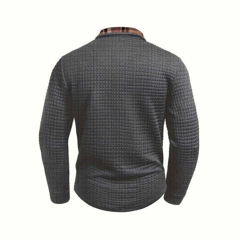 Men's Spring Autumn Solid Color Plaid Pocket Lapel Long Sleeve Sports Polo Shirt
