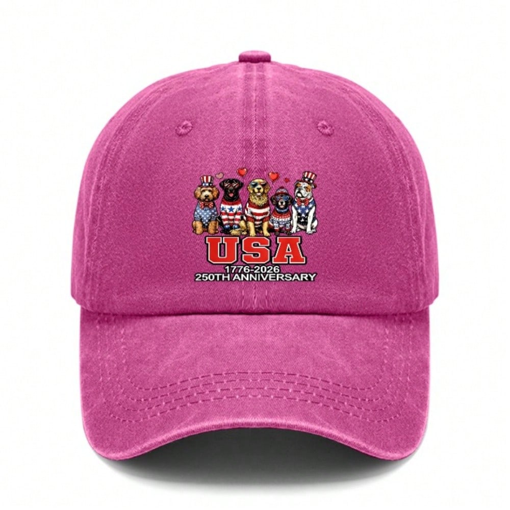 [USA Dog Print Baseball Cap] Vintage Washed Adjustable Hat Unisex Breathable Soft Polyester Casual Outdoor Sports For 250Th Anniversary Celebration