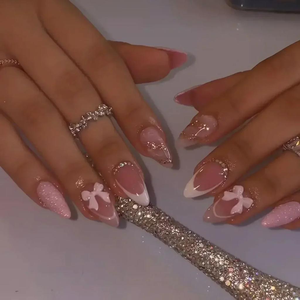 24Pcs Pink Almond False Nails Butterfly Ballet with French Design Wearable Fake Nails Simple Artificial Press On Nails Tips Art