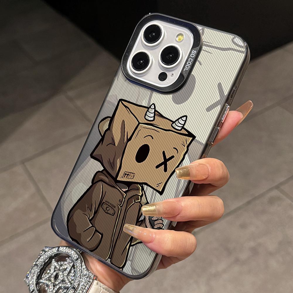 Cartoon Box Man Phone Case for iPhone 17 Air 16 16e 15 14 Plus 13 12 11 Pro Max X Xs XR 8 Colorful Silver Hard Cover