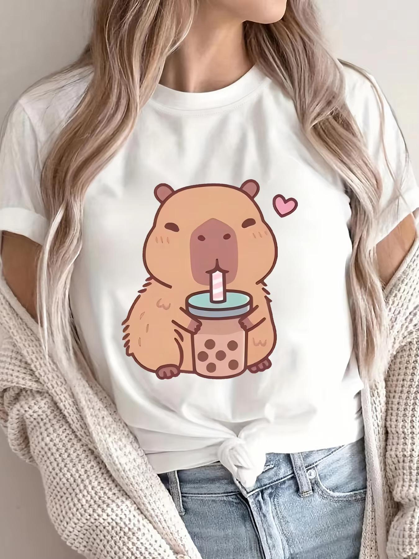 

Womens Cute Capybara Boba Casual Short Sleeve Round Neck Capybara Harajuku Sleeve Casual Clothing Street Aesthetic Clothes S