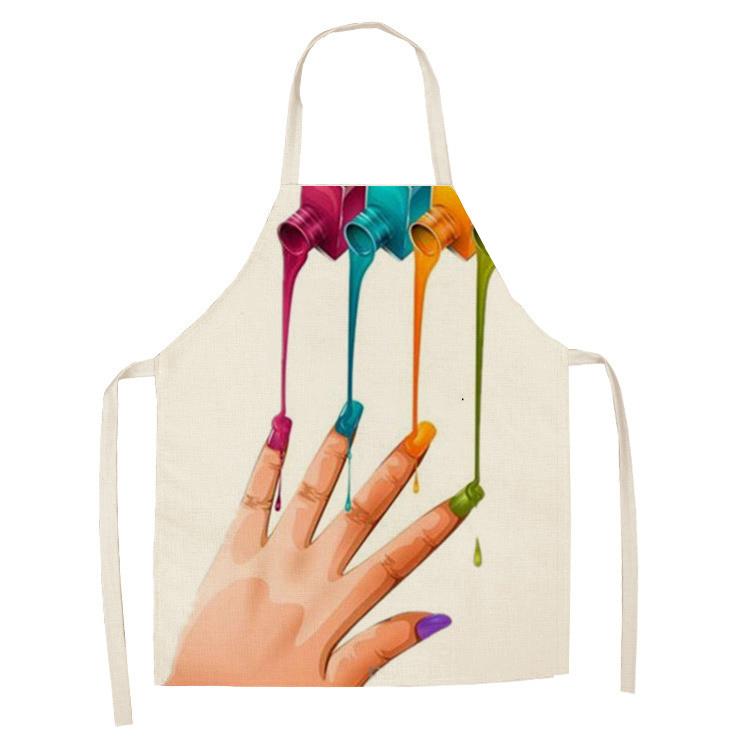 New Linen Colorful Nail Polish Cosmetics Theme Print Kitchen Aprons Unisex Dinner Party Cooking Bib Funny Cleaning Apron Barber