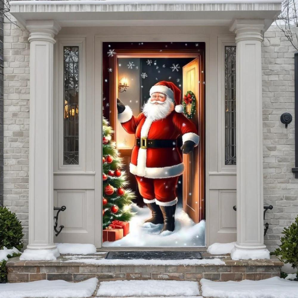 Santa Claus Christmas Door Cover Cloth Lining Decor for Outdoor Garden Kitchen Home Decorations Open the Door Holiday
