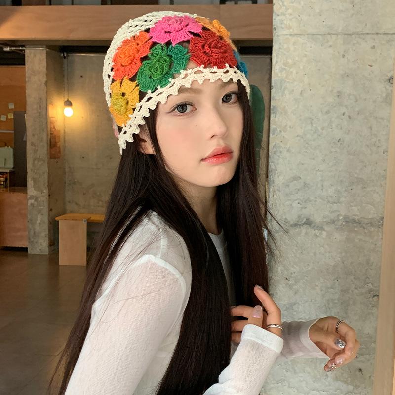 Literary and Artistic Color Knitted Hollow Flower Headgear Women's Summer Thin Cute Niche Hat Tide