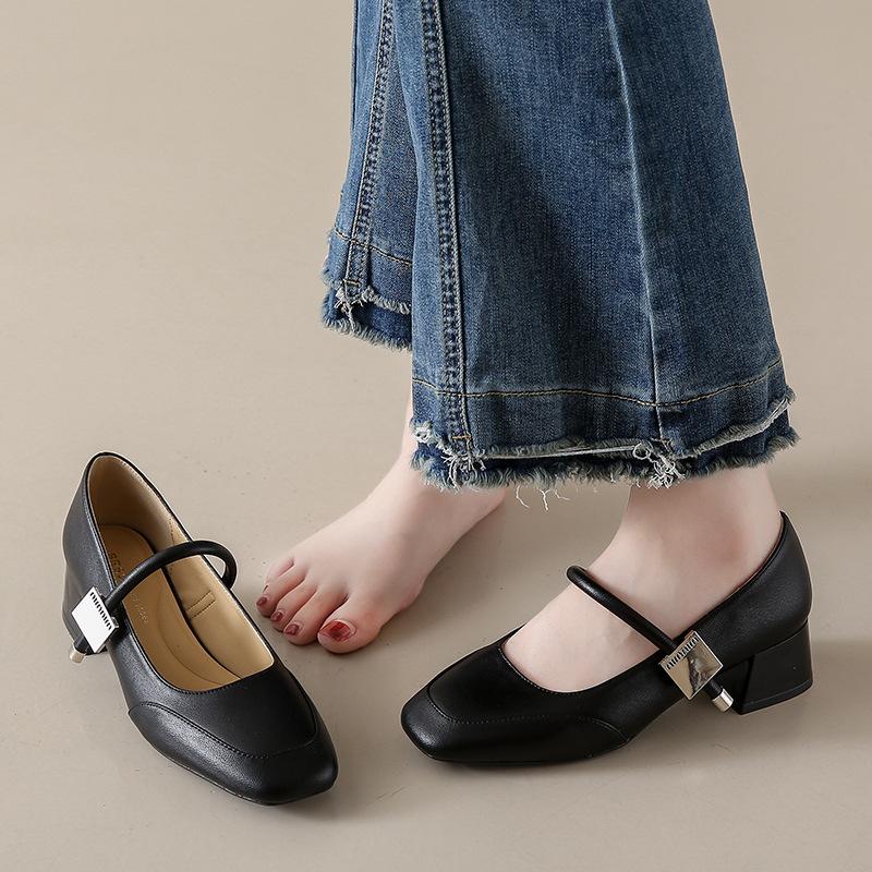 French Mary Jane Women'S Shoes Soft Leather Coarse Heel Late Evening Wind Small Leather Shoes Versatile High Heels Medium Heel Single Shoes