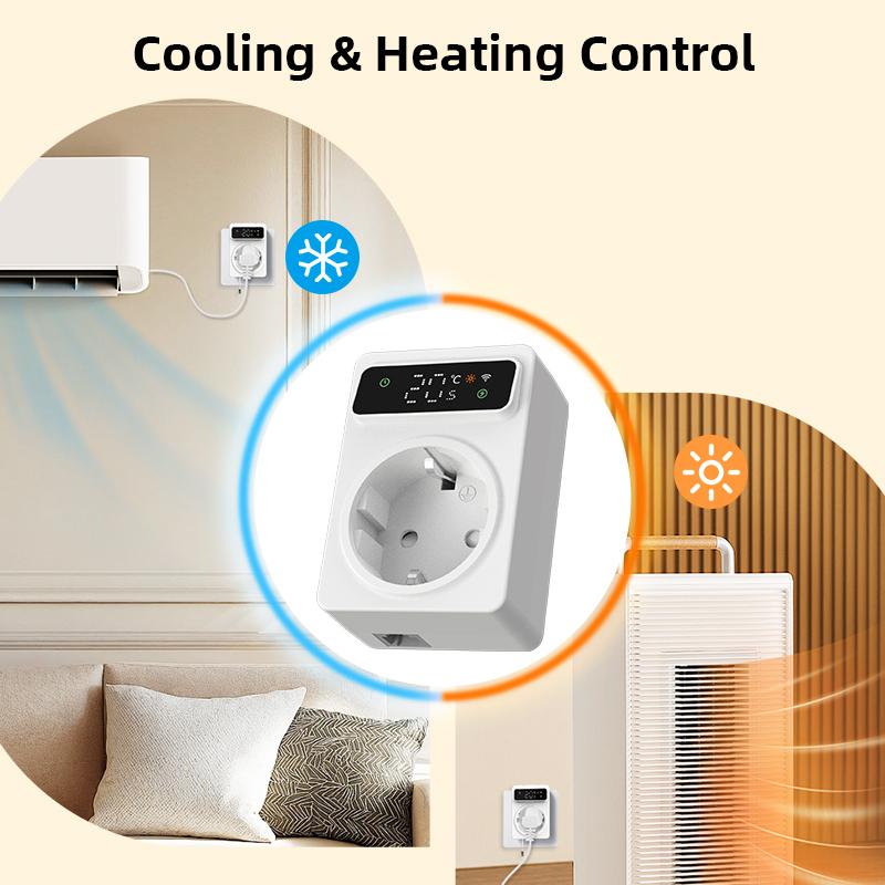 Tuya Wifi Digital Thermostat Socket 16A Precision Plug Remote Temperature Controller Timer Switch Cooling Heating 3M NTC Sensor