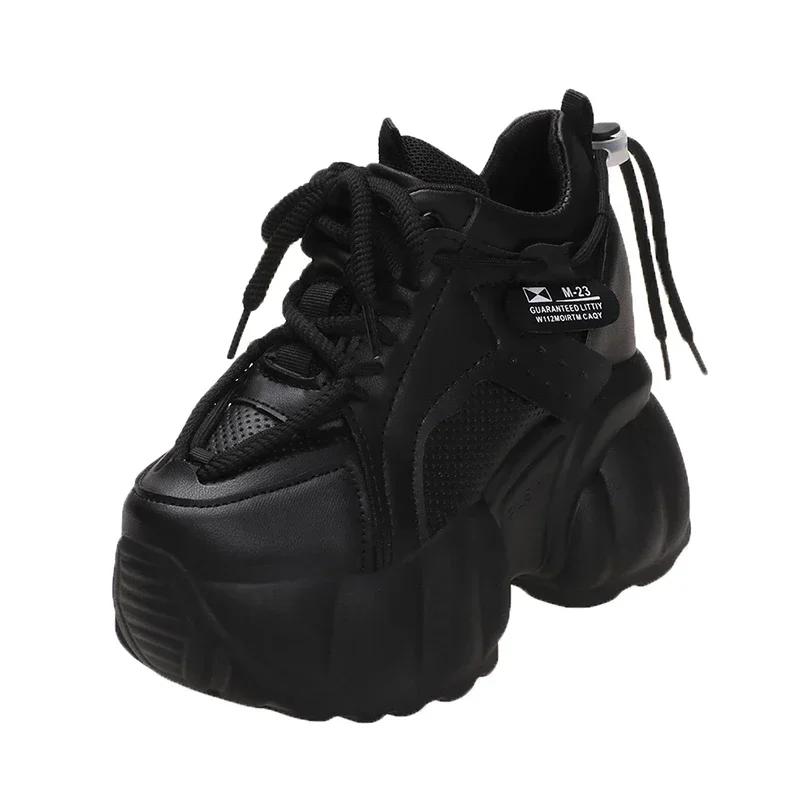 

Мода 11 см Женская повседневная кожаная обувь Осень Шнуровка Обувь на высокой платформе Толстая подошва Спортивная обувь для ходьбы Женские кроссовки Chaussure Femme 34 чёрный