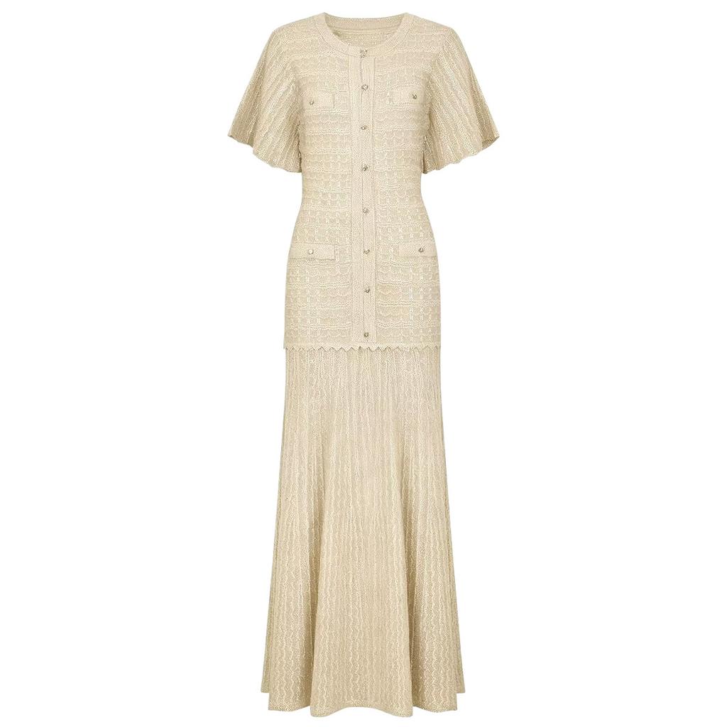 In-stock high-quality summer new socialite slim fit rhinestone short-sleeve V-neck shiny silk dress 2675