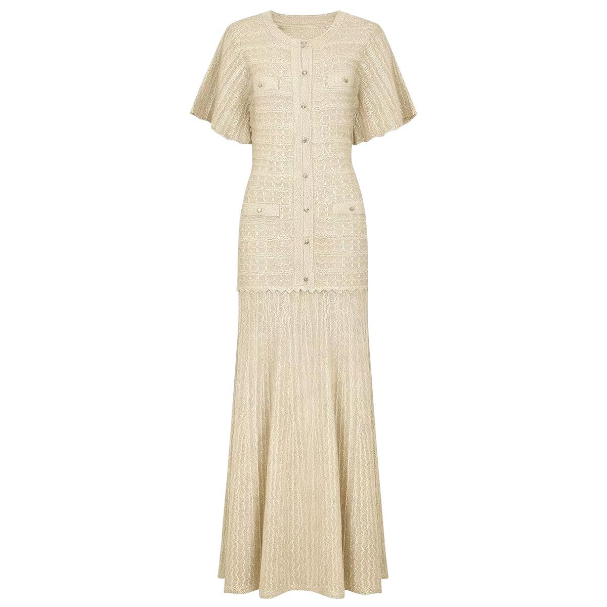 In-stock high-quality summer new socialite slim fit rhinestone short-sleeve V-neck shiny silk dress 2675 S абрикосовый
