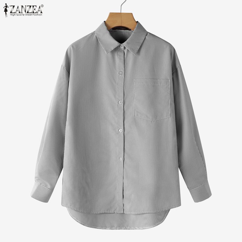 ZANZEA Women Casual Turn Down Collar Long Sleeve Loose Stripe Blouse