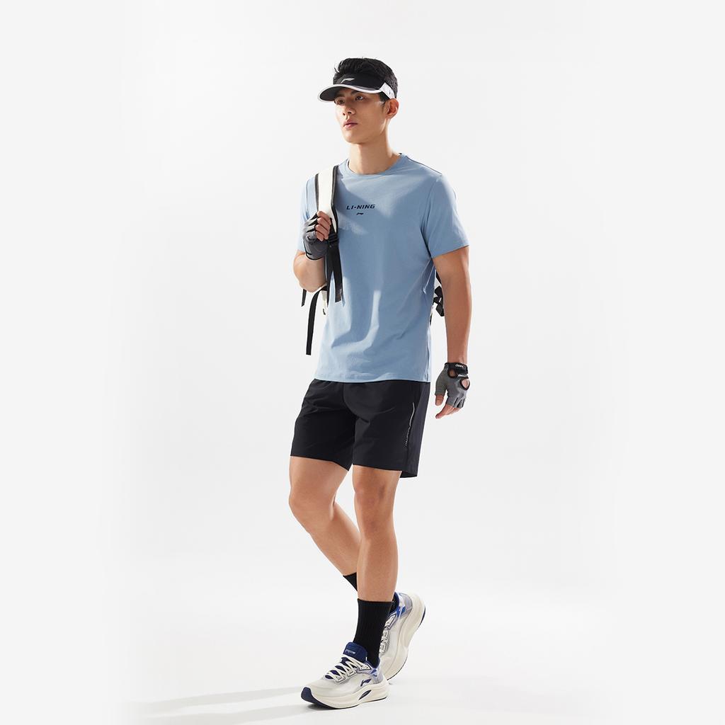 Li-Ning Série Fitness Cor Sólida Simples Gola Redonda Pulôver Manga Curta Camiseta Masculina Tops Azul-Ciano-Cinza ATSV115-3