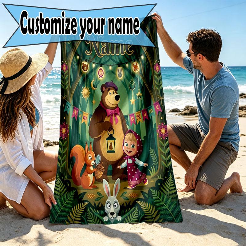 Custom Name Personalized Masha and the Bear Print Beach Towel, for Trip Camping Beach Party Home Decor, Birthday Gift for Family & Friends