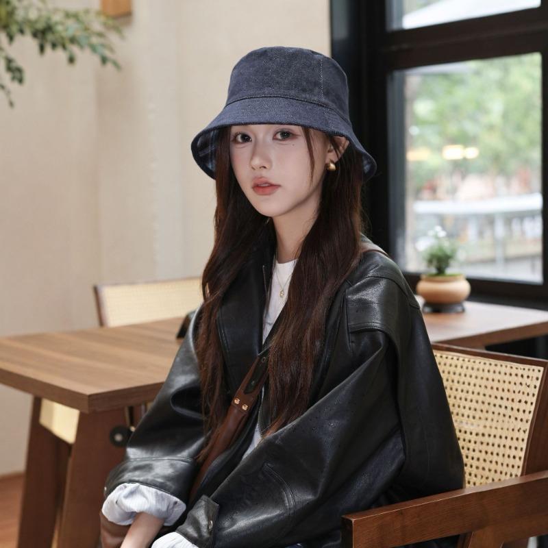 25 early autumn new double-sided can wear denim bucket hat women's high-end sense large grid show face small hat tide