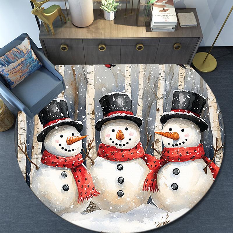 Forest Snowman Round Area Rug,Carpet Rug for Living Room Bedroom Sofa Playroom Decor,Non-slip Floor Mat