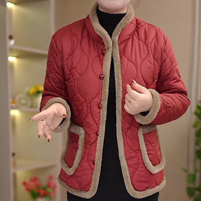 Stylish Women's Winter Cotton Jacket with Velvet Lining - Warm Casual Outerwear for Middle-Aged and Elderly