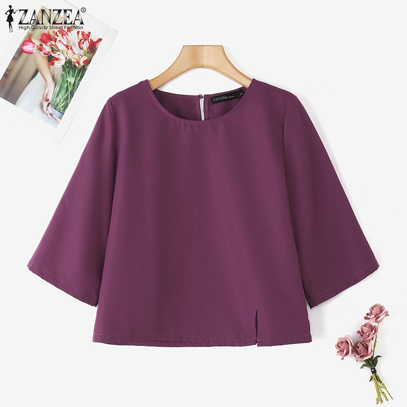 ZANZEA Women Casual O-neck Summer Solid Color 3/4 Sleeve Blouse