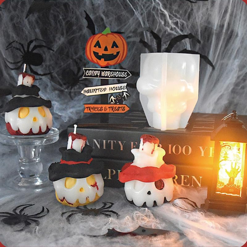 3D Pumpkin Skull Wearing Wizard Hat Shape Candle Silicone Mold For Making Candle, Resin, Aromatherapy Candle
