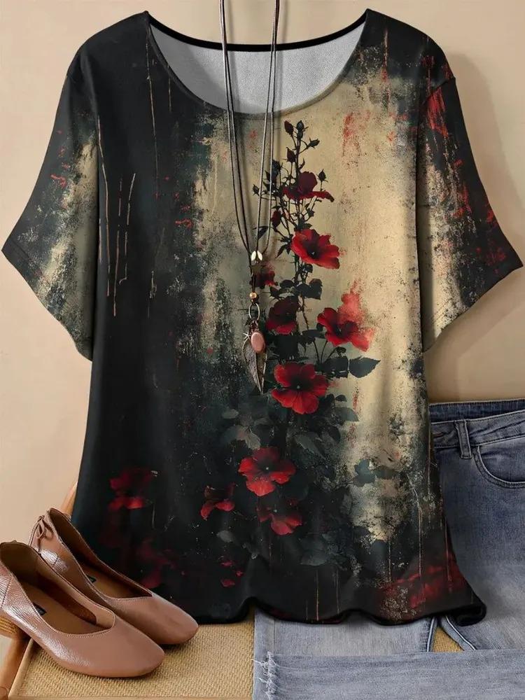 Summer women's printed pattern T-shirt casual short sleeved top fashionable women's round neck T-shirt