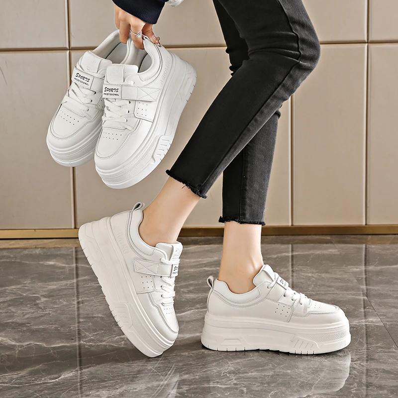 Thick Bottom Vulcanzied Shoes Female Solid Color Chunky Platfrom Sneakers Woman Pu Leather Non-Slip Casual Shoes Spring 2025