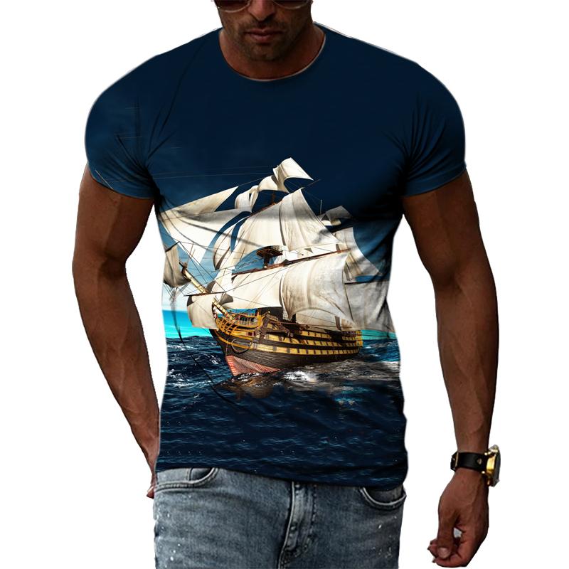 Sommer Segelboot Auf Meer Grafik T Shirts Männer Mode Lässig Persönlichkeit 3D Gedruckt Rundhals Kurzarm Streetwear T-shirts Tops