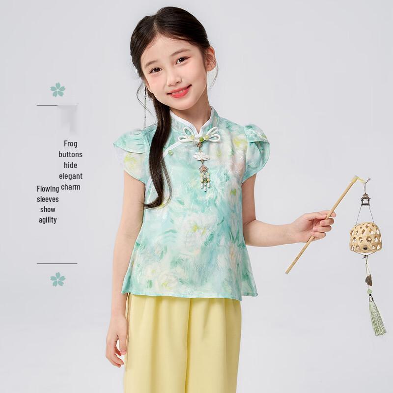 Girls' New Chinese Style Floral Short Sleeve Top