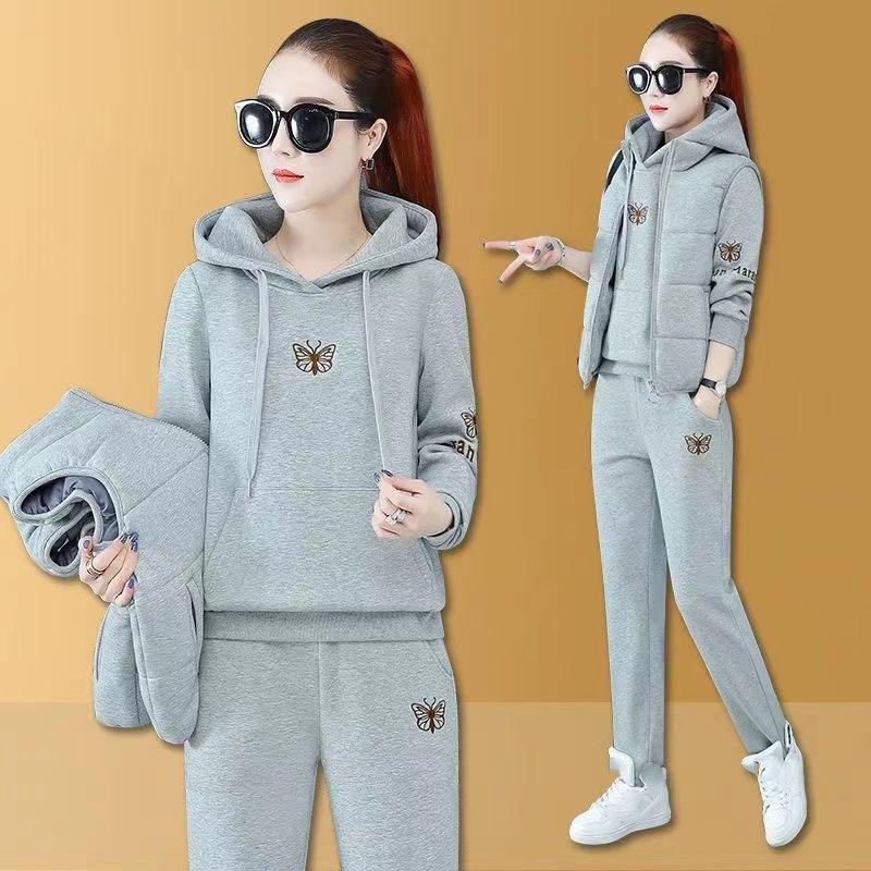 Set trei bucăți vestă pentru femei Set de pantaloni cu glugă, haină căptușită, broderie, cu glugă, mâneci lungi, pantaloni cu talie elastică, trening de iarnă, haine sport