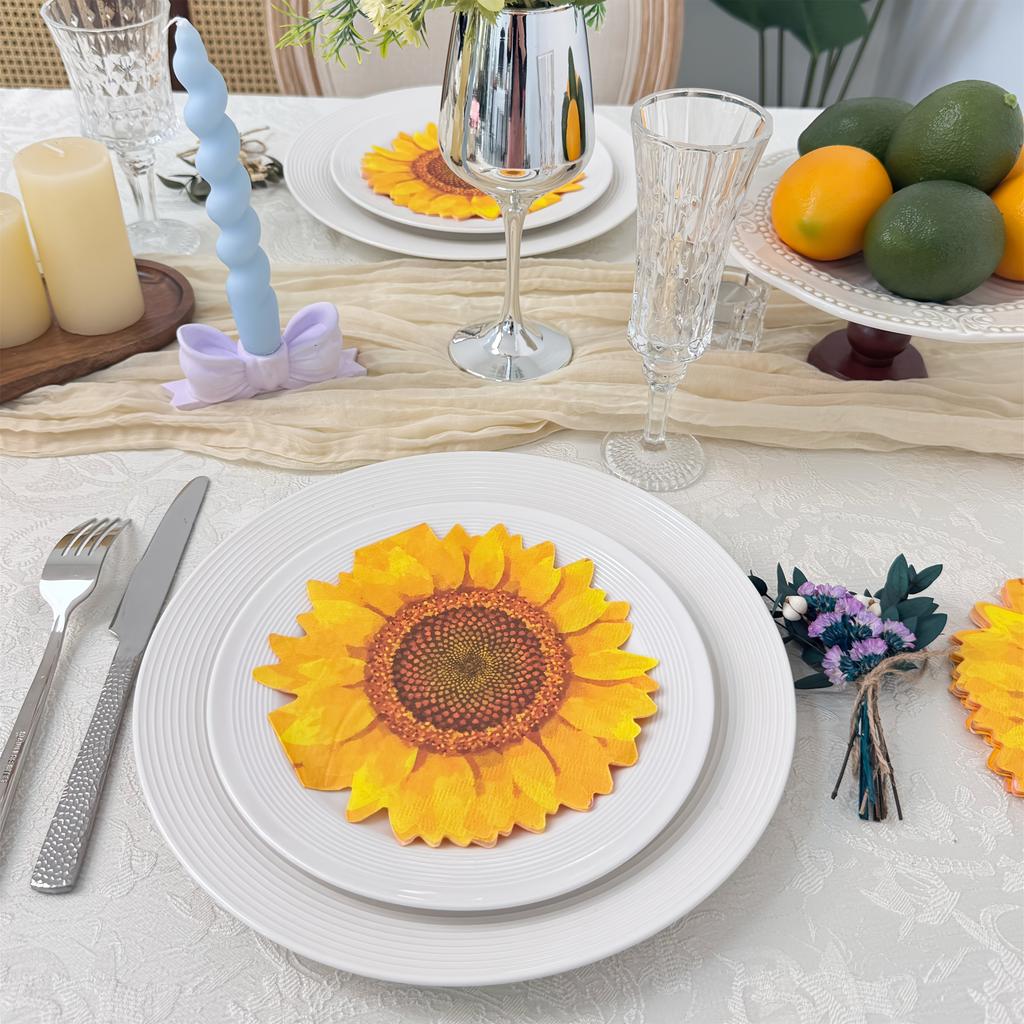 20pcs/Set, Disposable Sunflower Shape Printed Napkins, Birthday Holiday Picnic Wedding Party Paper Towels, Restaurant Dessert