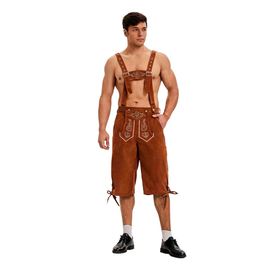 Traditional Bavarian Embroidered Men Suspenders Lederhosen Festival Costume Vintage Style Knee-Length Pants Party Outfit