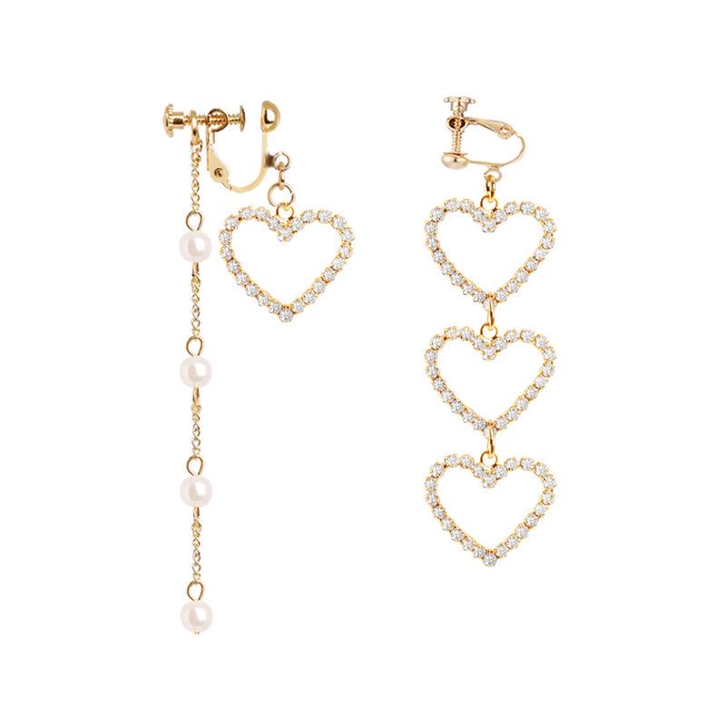 Korean Chic Asymmetrical Pearl & Tassel Earrings with Peach Heart Clip