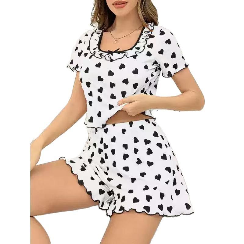 European Summer Heart Print Ruffled Pajama Set: Sweet Short Sleeve Women's Home Wear
