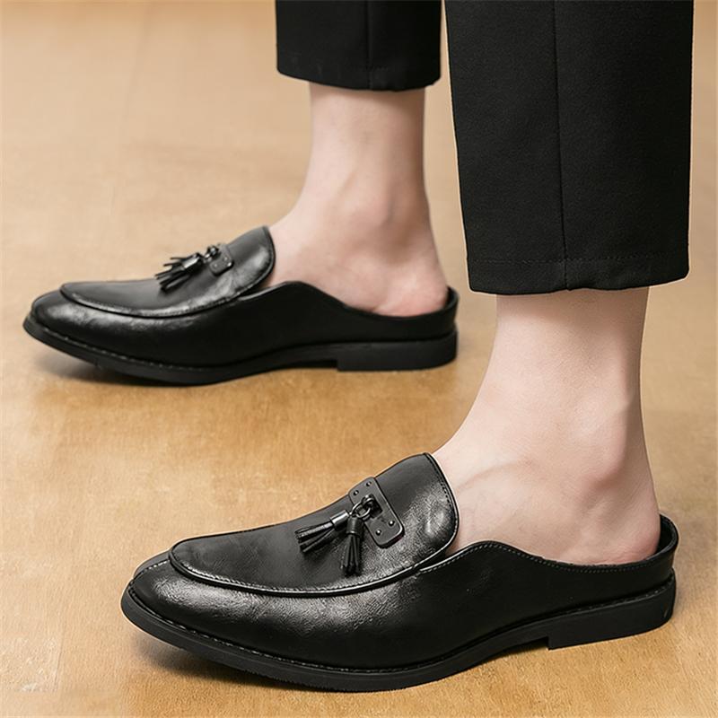 Designer Fashion New Men Black Tassels Half Slippers Shoes Casual Pu Leather Mules Moccasins Breathable Loafers Zapatos Hombre
