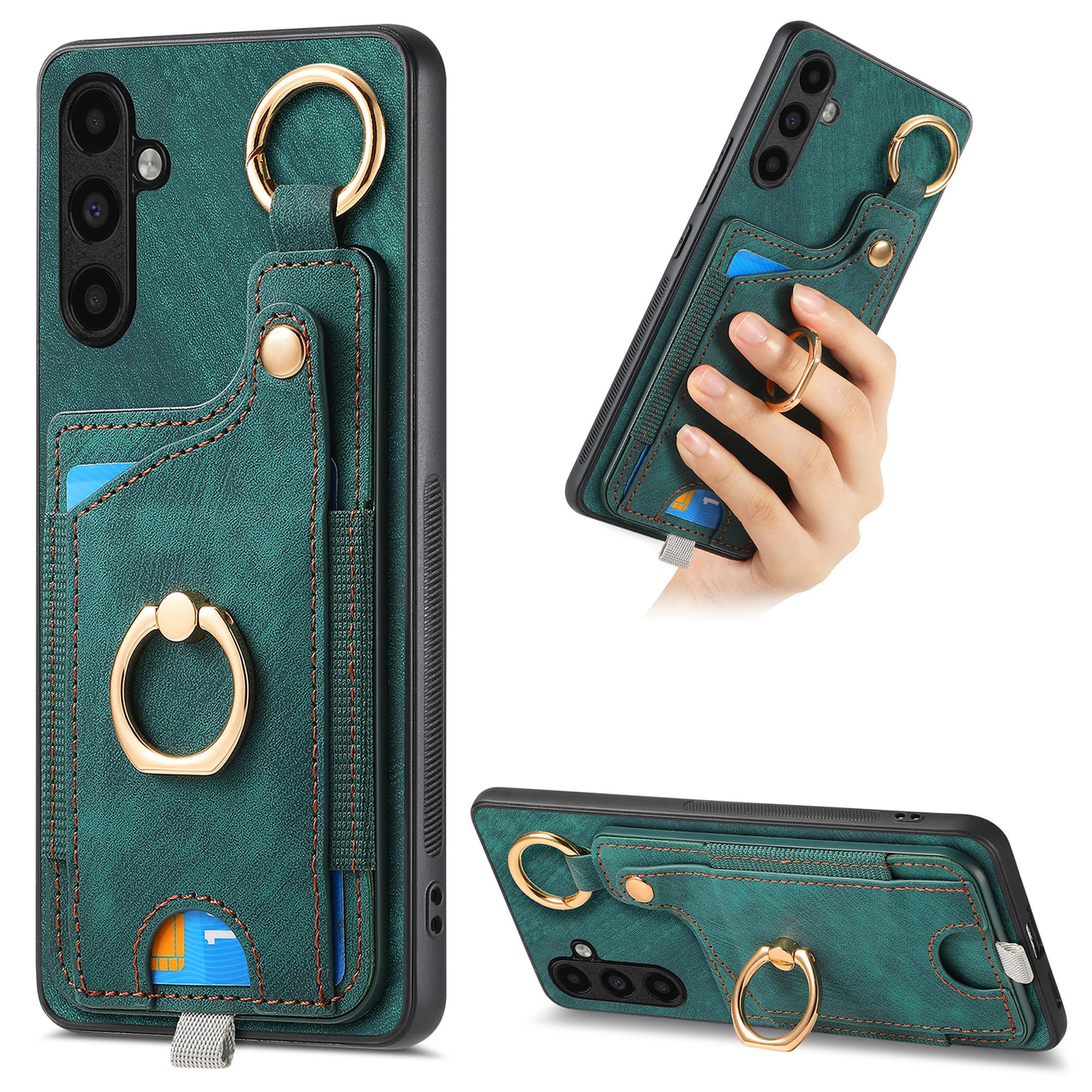 

D6 For Samsung Galaxy A55 5G Case Card Holder Leather+TPU Phone Back Cover with Ring Kickstand Green