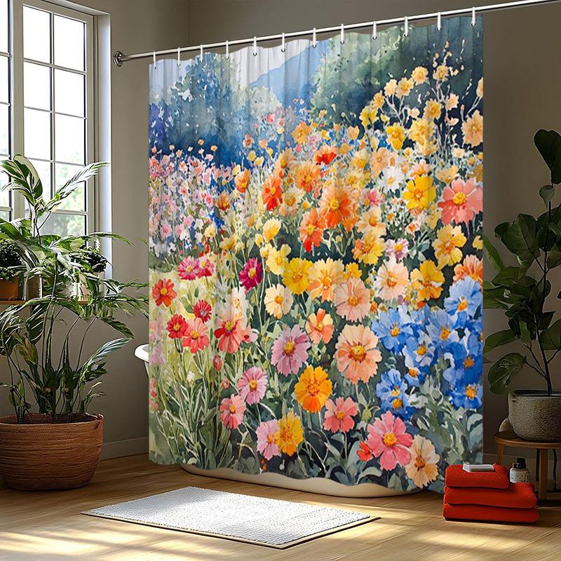 

Field Of Flowers Shower Curtain - Watercolor Design, Polyester, 12 Hooks, 70.8X70.8 Inches, Washable W60H190(CM)-1 Pcs