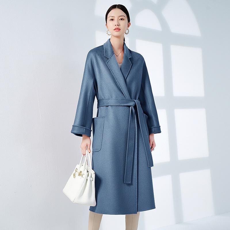 100% Pure Cashmere Water Ripple Double-Faced Wool Coat with Belt - Women's Outerwear