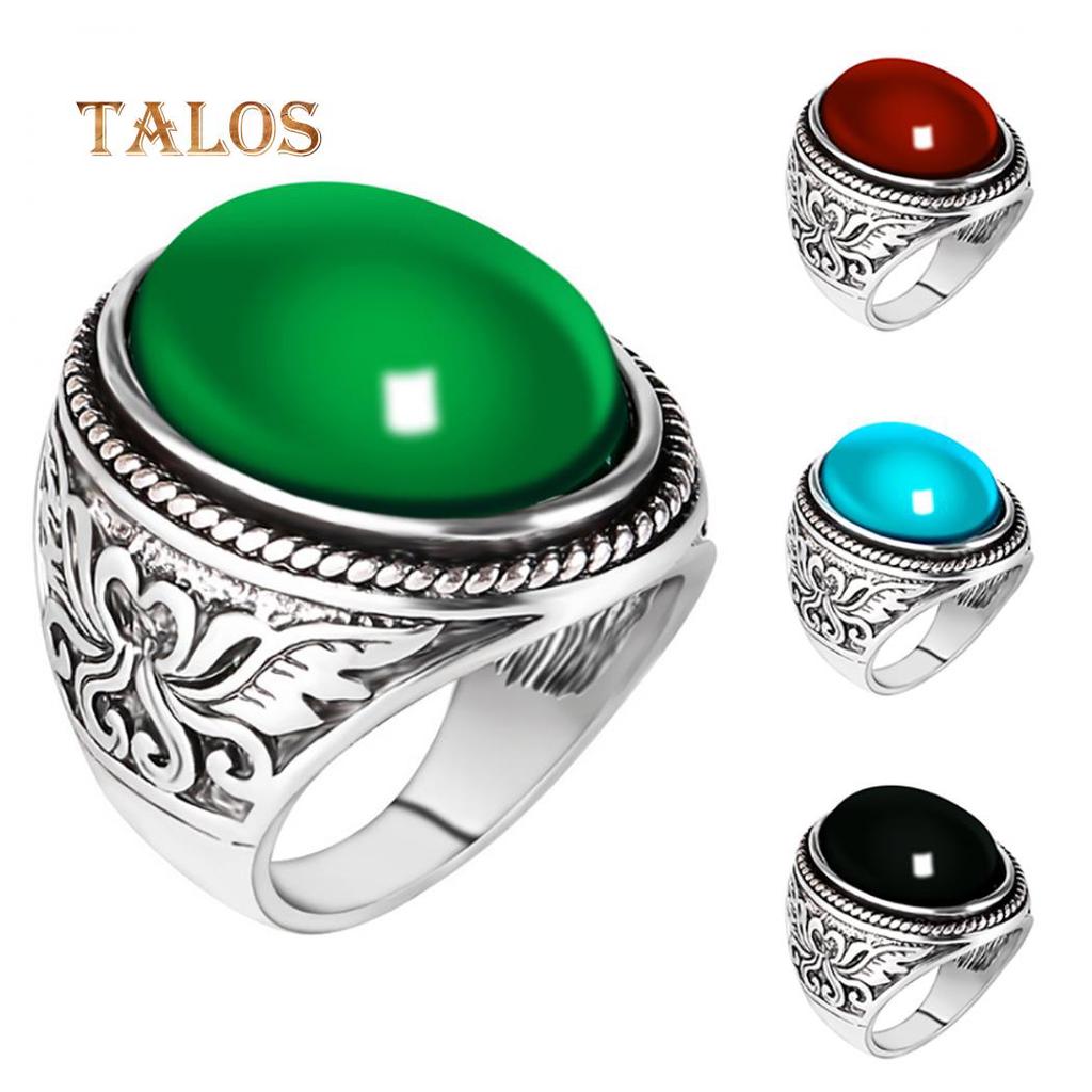 Men Vintage Artificial Gem Finger Ring Carving Band Jewelry Party Banquet Gift Accessories