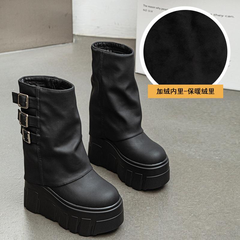 14CM Winter Women High Heels Shoes Belt Buckle Ladies Elegant Platform Flat Short Booties Casual Women's Ankle Boots