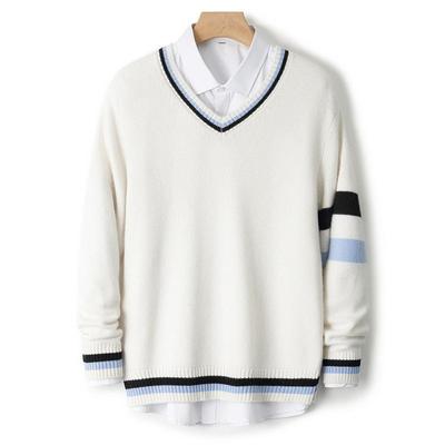 Men's V-neck Color Block 100% Pure Wool Sweater - Loose Casual Thickened Warm Knitwear for Autumn and Winter