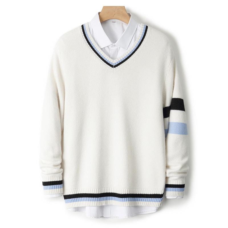 

Men s V-neck Color Block 100% Pure Wool Sweater - Loose Casual Thickened Warm Knitwear for Autumn and Winter S (90-120 jin) белый