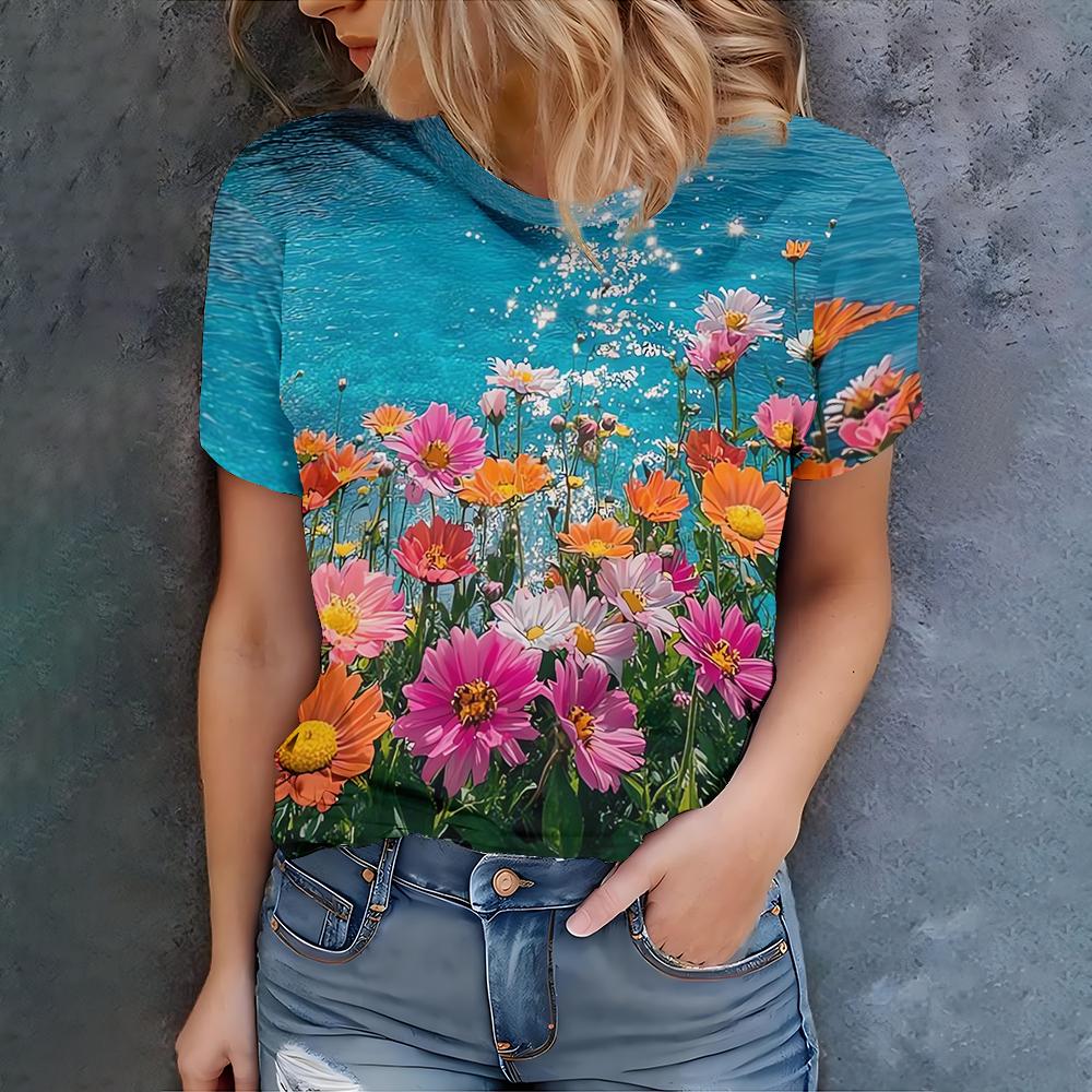 Women's Light Blue Printed T-shirt - Natural Leisure Fashion Art Style Summer Round Neck Short Sleeve